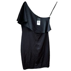 Ralph Lauren Black Satin Dress Capelet Ruffle One Shoulder Coctail Party Formal